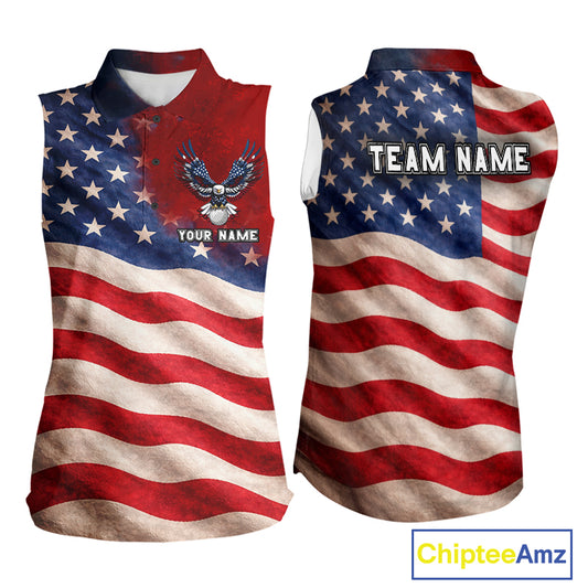 Custom American Flag Eagle Sleeveless Golf Polo Shirts For Women, patriotic Golf attire for ladies NQS11712