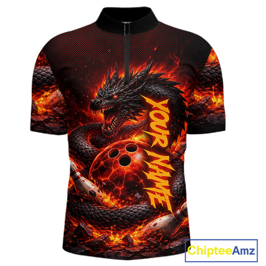 Custom Red Dragon Bowling Polo Shirts, Bowling 1/4 zip jersey For Men, Team Bowling League jerseys NQS11588