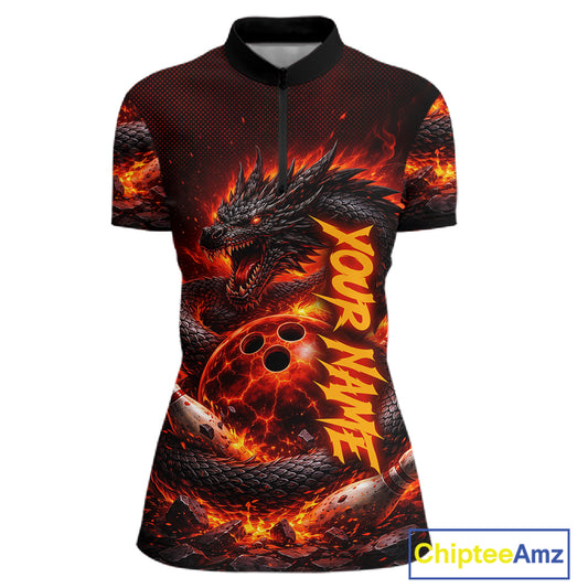 Custom Red Dragon Bowling Polo Shirts, Bowling 1/4 zip jersey For Women, Team Bowling League jerseys NQS11588