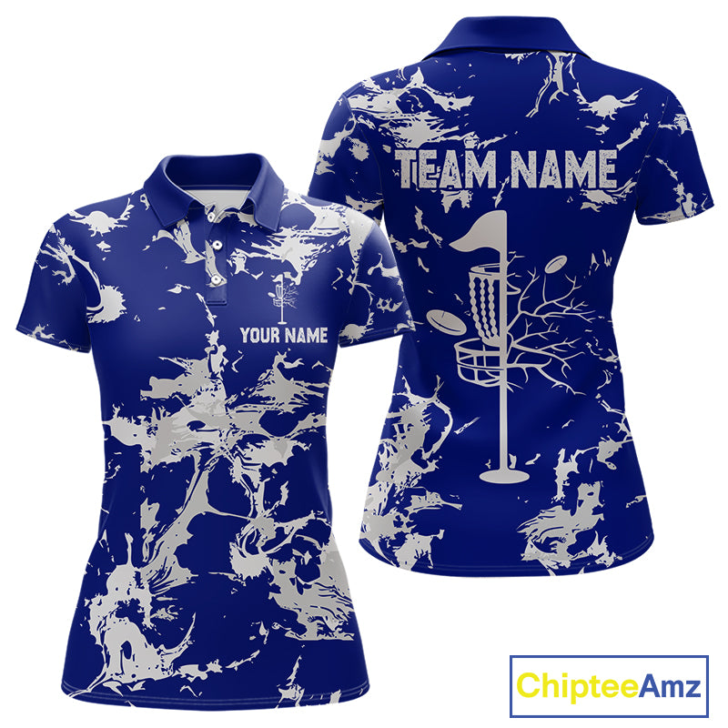 Blue and Gray Camo Disc Golf basket Women Disc golf polo shirts Custom team disc golf jerseys NQS10797