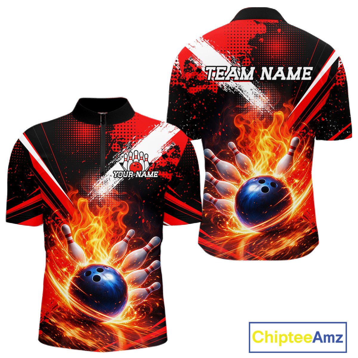 Custom Black and Red Flame Bowling Jersey Bowling Polo, 1/4 Zip Shirts for Men, Team bowling outfit NQS11595