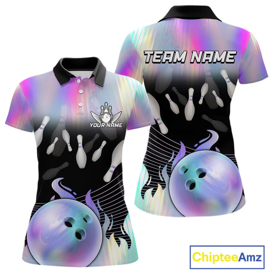 Bowling Polo Shirts For Women, 1/4 zip shirts Custom hologram Bowling Team Shirts Bowler Outfit NQS11385