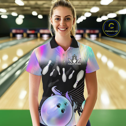 Bowling Polo Shirts For Women, 1/4 zip shirts Custom hologram Bowling Team Shirts Bowler Outfit NQS11385