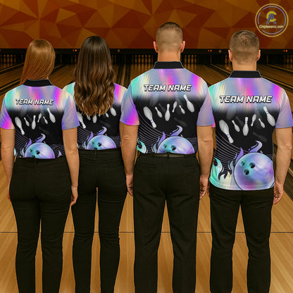 Bowling Polo Shirts For Men, 1/4 zip shirts Custom hologram Bowling Team Shirts Bowler Outfit NQS11385