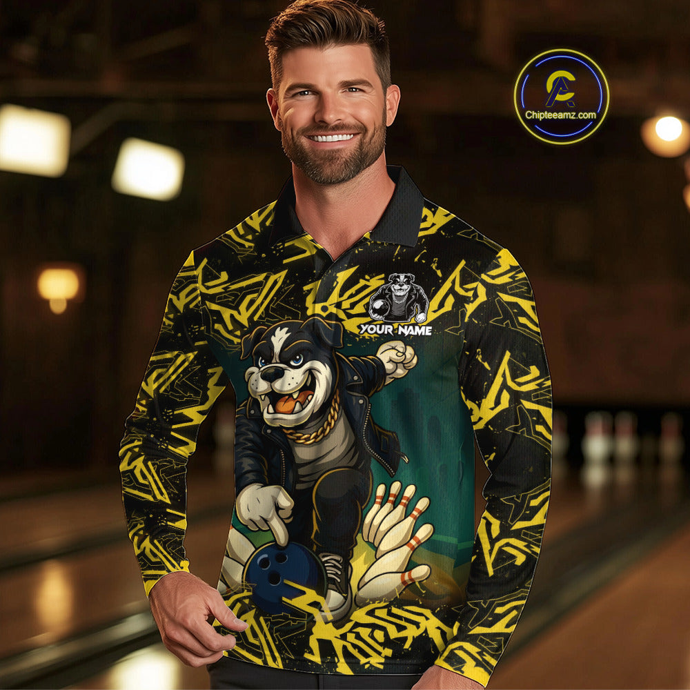 Black and Yellow Camo Funny Bulldog Bowling Shirts For Men Custom Cool Bowling Outfits Team Jerseys NQS11215