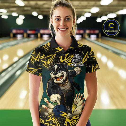 Black and Yellow Camo Funny Bulldog Bowling Shirts For Women Custom Cool Bowling Outfits Team Jerseys NQS11215