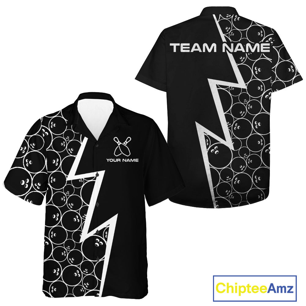 Black and White Lightning Camo Bowling Hawaiian Shirt Custom Team Bowling Button Up Shirt NQS10854