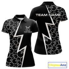 Load image into Gallery viewer, Black &amp; White Lightning Camo Bowling Polo, Quarter Zip Shirt For Women Custom Team Bowling Jersey NQS10854