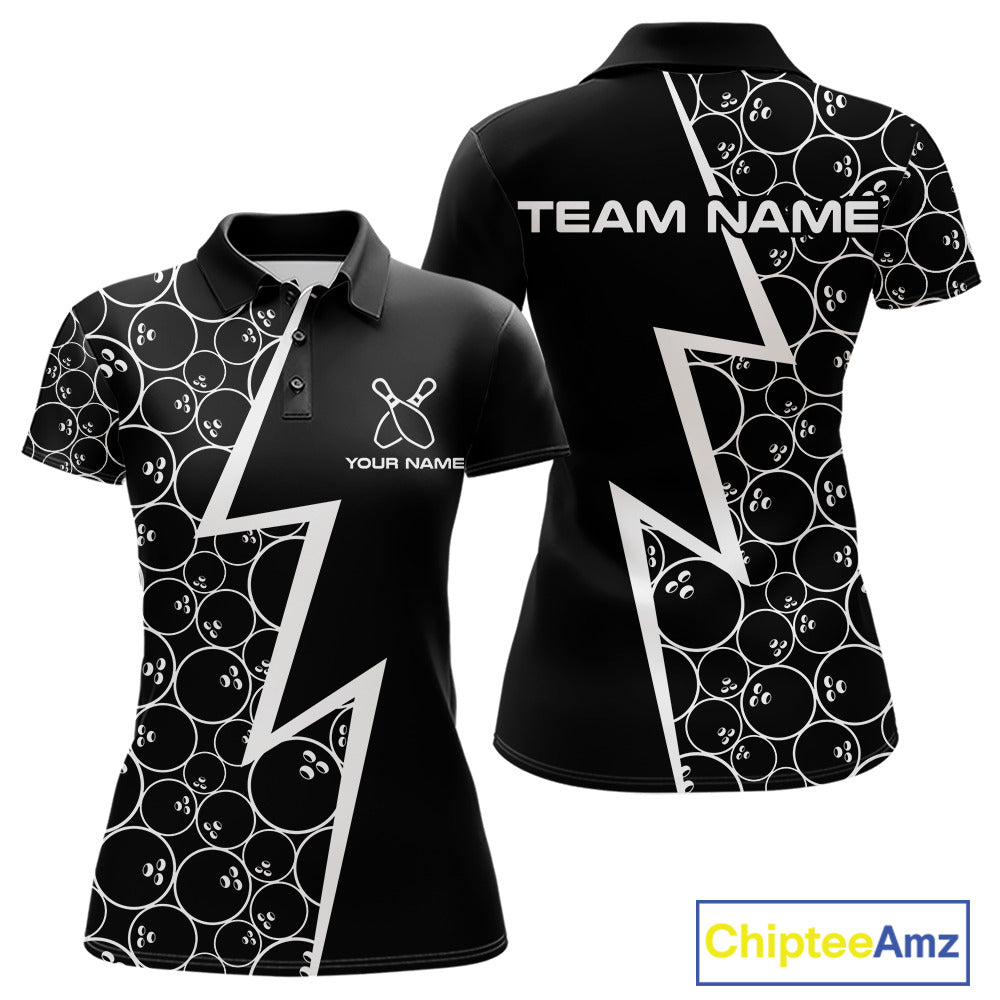 Black & White Lightning Camo Bowling Polo, Quarter Zip Shirt For Women Custom Team Bowling Jersey NQS10854