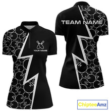 Load image into Gallery viewer, Black &amp; White Lightning Camo Bowling Polo, Quarter Zip Shirt For Women Custom Team Bowling Jersey NQS10854