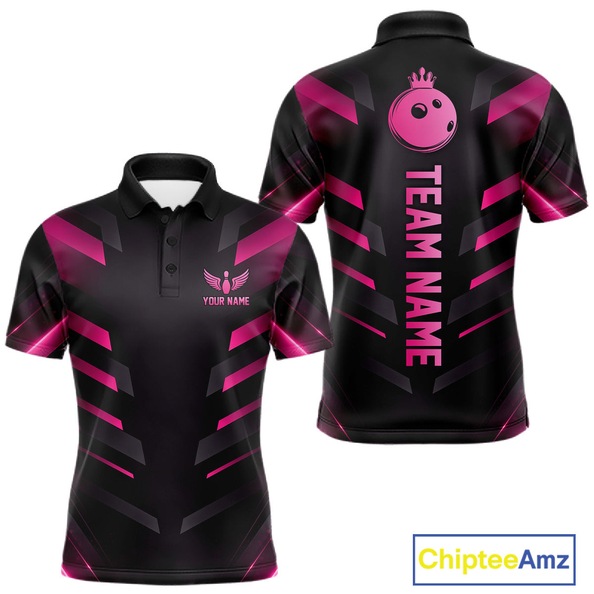 Black and Pink Bowling Polo, Quarter Zip Shirts For Men Custom Team Bowling Jersey, Gift For Bowlers NQS11633