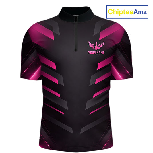 Black and Pink Bowling Polo, Quarter Zip Shirts For Men Custom Team Bowling Jersey, Gift For Bowlers NQS11633