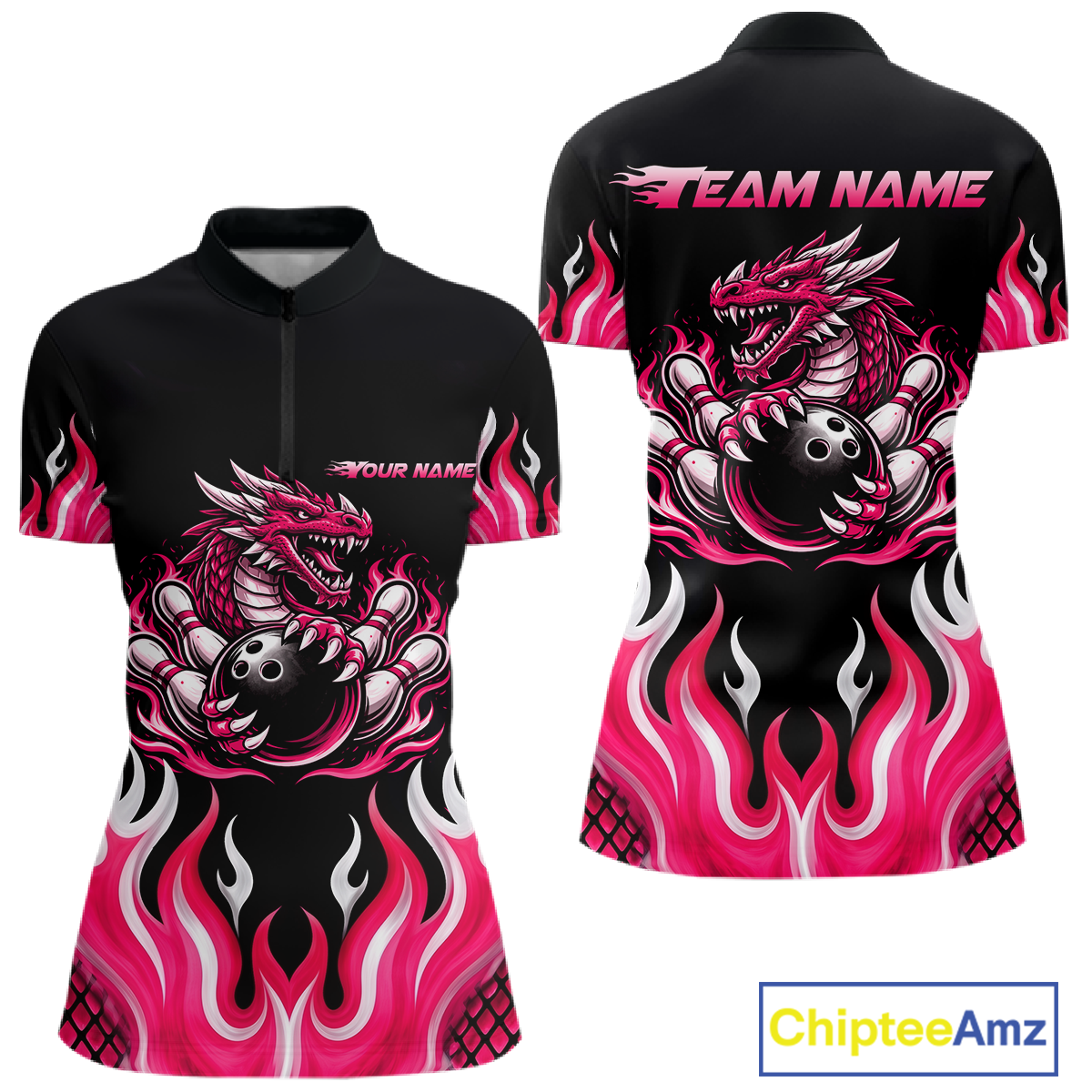 Black and Pink Flame Dragon Bowling Polo, 1/4 Zip Shirts For Women Custom Dragon Bowling Team Jerseys NQS11733