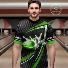Load image into Gallery viewer, Black and Green Flame Bowling Shirts For Men Custom Team Bowling Jersey, Gift For Bowlers NQS10858