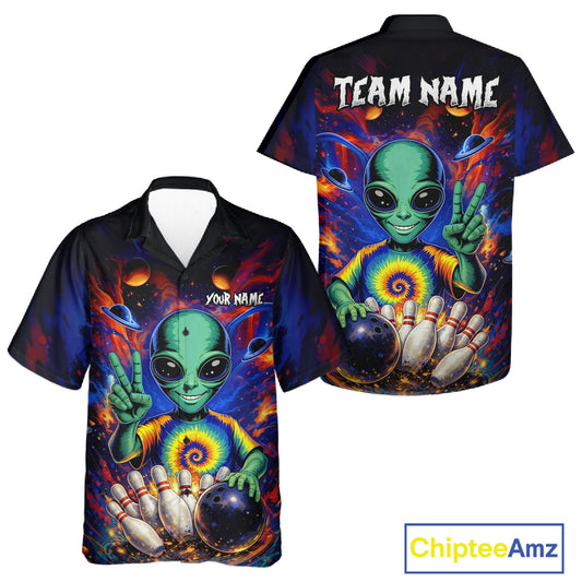 Funny Colorful Galaxy Alien Bowling Hawaiian Shirt Custom Bowling Team Outfit, Gift For Bowler NQS11444