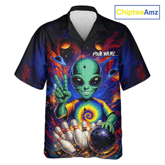 Funny Colorful Galaxy Alien Bowling Hawaiian Shirt Custom Bowling Team Outfit, Gift For Bowler NQS11444