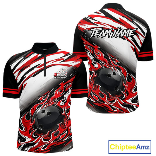 Red Flame Bowling Polo, Quarter Zip Shirts For Men Custom Bowling Team Jerseys, Gift For Bowlers NQS11738
