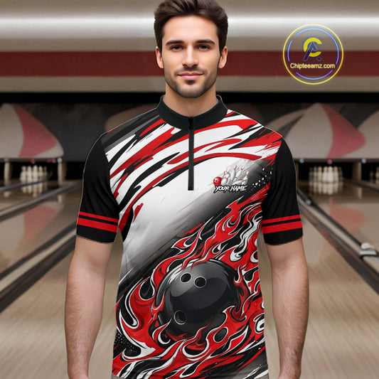 Red Flame Bowling Polo, Quarter Zip Shirts For Men Custom Bowling Team Jerseys, Gift For Bowlers NQS11738