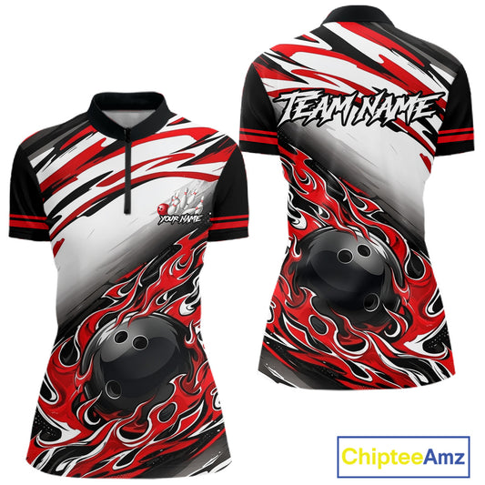 Red Flame Bowling Polo, Quarter Zip Shirts For Women Custom Bowling Team Jerseys, Gift For Bowlers NQS11738