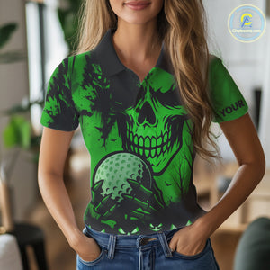 Custom Skull Golf Polo Shirts For Women Halloween Golf Outfits, personalized golf gifts | Green NQS10660