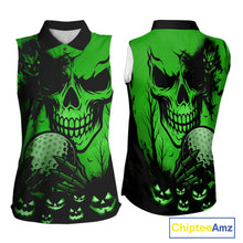 Load image into Gallery viewer, Skull Women&#39;s Sleeveless Polo Shirt Halloween Golf Outfits, Halloween golf gifts | Green NQS10660
