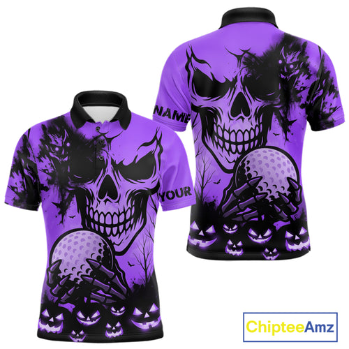 Custom Skull Golf Polo Shirts For Men Halloween Golf Outfits, personalized golf gifts | Purple NQS10661