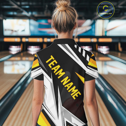 Black, White and Gold Women's bowling Polo, Quarter Zip shirts Custom Team bowling league jerseys NQS11264