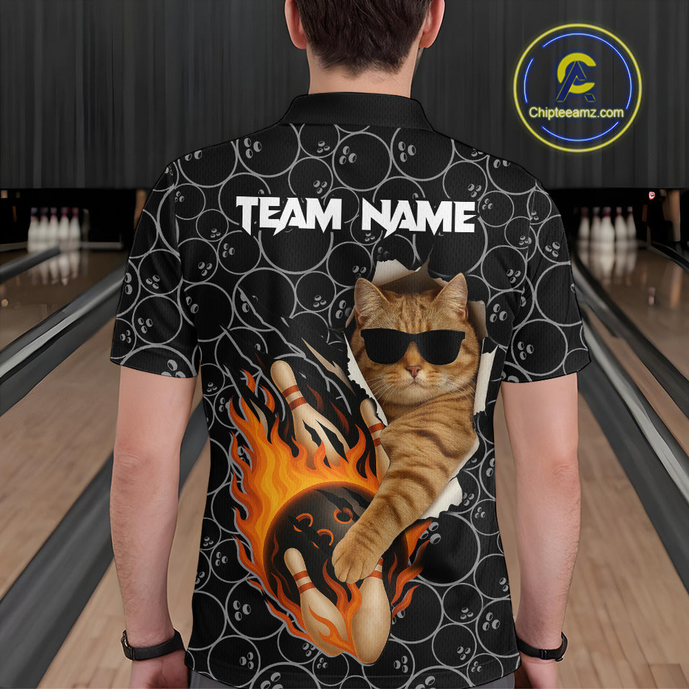 Custom Funny Cat Bowling shirts for men, black camo flame cool bowling uniform for team bowlers NQS11074