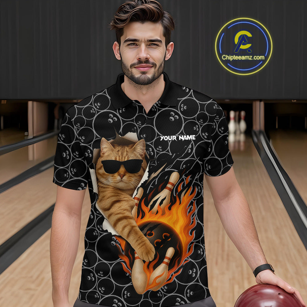 Custom Funny Cat Bowling shirts for men, black camo flame cool bowling uniform for team bowlers NQS11074