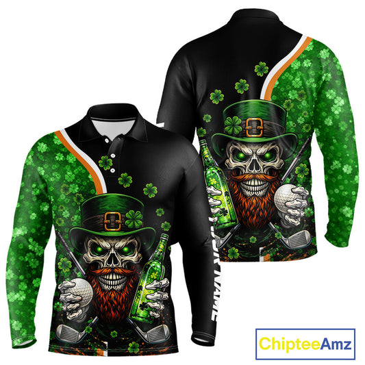 Green shamrock pattern St Patrick Skull Golf and Beer Polo shirts for Men Custom mens golf tops NQS11483
