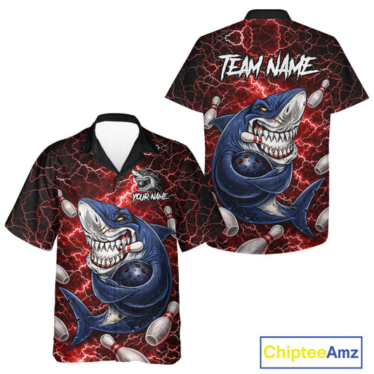 Red Lightning Thunder Angry Shark Bowling button-up shirts Custom Shark Hawaiian Bowling Team Jersey NQS11756