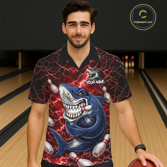 Red Lightning Thunder Angry Shark Bowling button-up shirts Custom Shark Hawaiian Bowling Team Jersey NQS11756