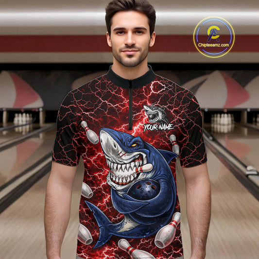 Red Lightning Thunder Angry Shark Bowling shirts For Men Custom Shark Bowling Team Jerseys NQS11756