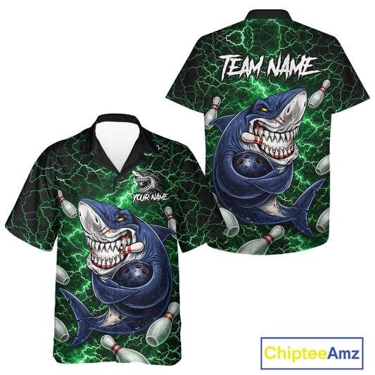 Green Lightning Thunder Angry Shark Bowling button-up shirts Custom Shark Hawaiian Bowling Jersey NQS11758