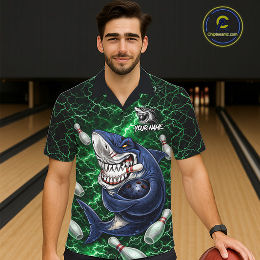Green Lightning Thunder Angry Shark Bowling button-up shirts Custom Shark Hawaiian Bowling Jersey NQS11758