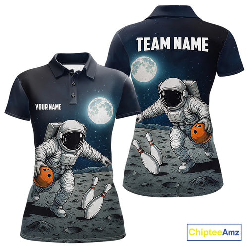 Funny Astronaut Bowling Polo, Quarter Zip Shirt For Women Custom Bowling Team Outfit, Gift For Bowler NQS10694