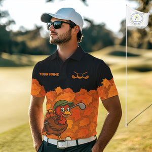 Black and Orange Autumn Leaf Custom Turkey Golf Polo Shirt For Men, Thanksgiving Golf Attire NQS10700