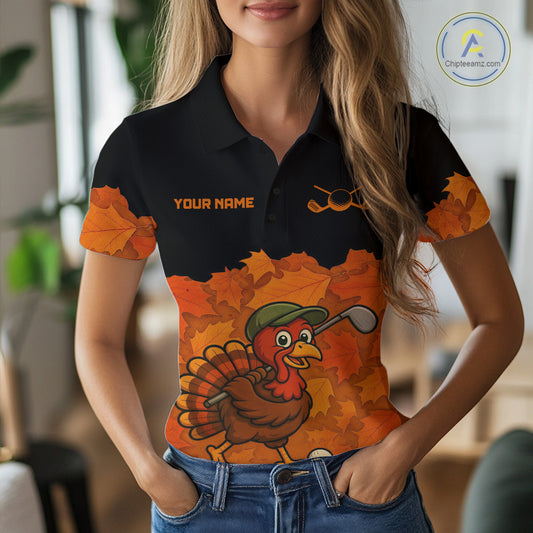 Black and Orange Autumn Leaf Custom Turkey Golf Polo Shirt For Women, Thanksgiving Golf Attire NQS10700