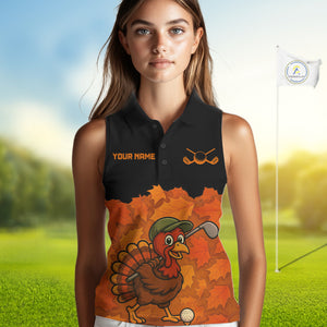 Black and Orange Autumn Leaf Custom Turkey Women Sleeveless Golf Polo Shirt, Thanksgiving Golf Attire NQS10700