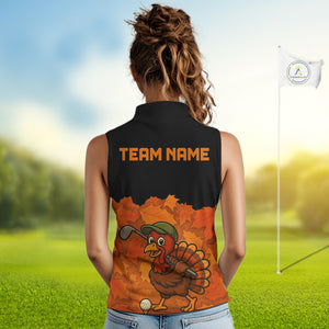 Black and Orange Autumn Leaf Custom Turkey Women Sleeveless Golf Polo Shirt, Thanksgiving Golf Attire NQS10700