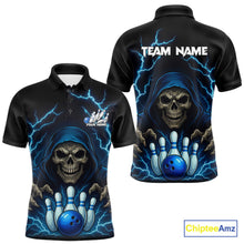 Load image into Gallery viewer, Black and Blue Lightning Thunder Reaper Skull Bowling Shirt For Men Custom Bowling Team League Jersey NQS10728