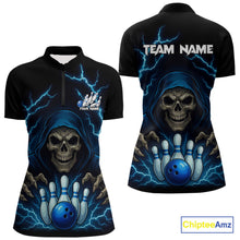 Load image into Gallery viewer, Black and Blue Lightning Thunder Reaper Skull Women Bowling Shirts Custom Bowling Team League Jersey NQS10728