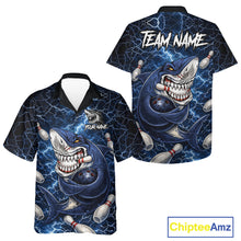 Load image into Gallery viewer, Blue Lightning Thunder Angry Shark Bowling button-up shirts Custom Shark Hawaiian Bowling Team Jersey NQS11539