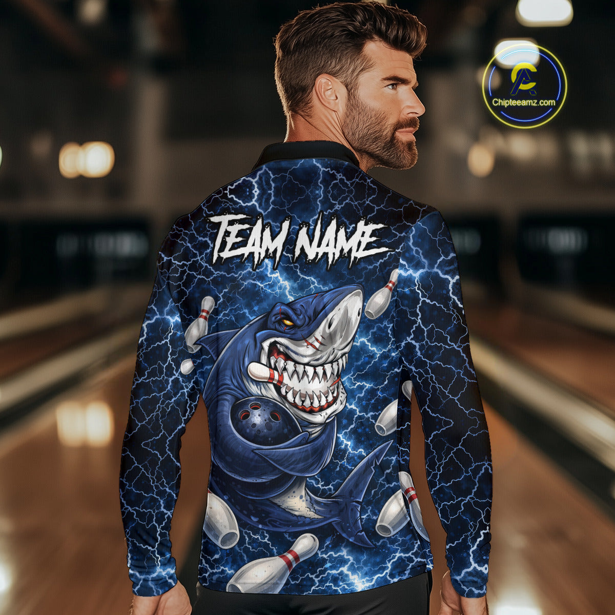 Blue Lightning Thunder Angry Shark Bowling shirts For Men Custom Shark Bowling Team Jerseys NQS11539