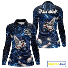 Load image into Gallery viewer, Blue Lightning Thunder Angry Shark Bowling shirts For Women Custom Shark Bowling Team Jerseys NQS11539