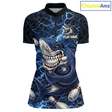 Load image into Gallery viewer, Blue Lightning Thunder Angry Shark Bowling shirts For Women Custom Shark Bowling Team Jerseys NQS11539