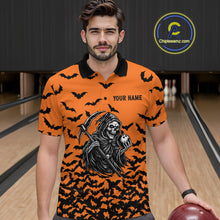 Load image into Gallery viewer, Black and Orange Bats Halloween Skull Reaper Bowling Shirts For Men Custom Bowling Team Jerseys NQS10755