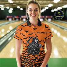 Load image into Gallery viewer, Black and Orange Bats Halloween Skull Reaper Bowling Shirts For Women Custom Bowling Team Jerseys NQS10755