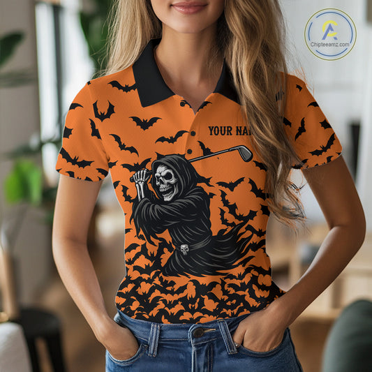 Black and Orange Bats Halloween Skull Reaper Golf Polo Shirt For Women Custom ladies golf top NQS10756