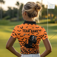 Load image into Gallery viewer, Black and Orange Bats Halloween Skull Reaper Golf Polo Shirt For Women Custom ladies golf top NQS10756